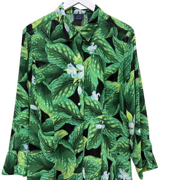 Laura Scott Tropical Leaf Blouse Size 18 Long Sleeve Chiffon Womens Top Green - Picture 6 of 9